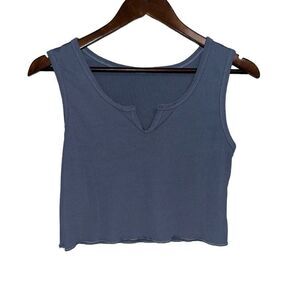 Blue Ribbed Cropped Tank Top